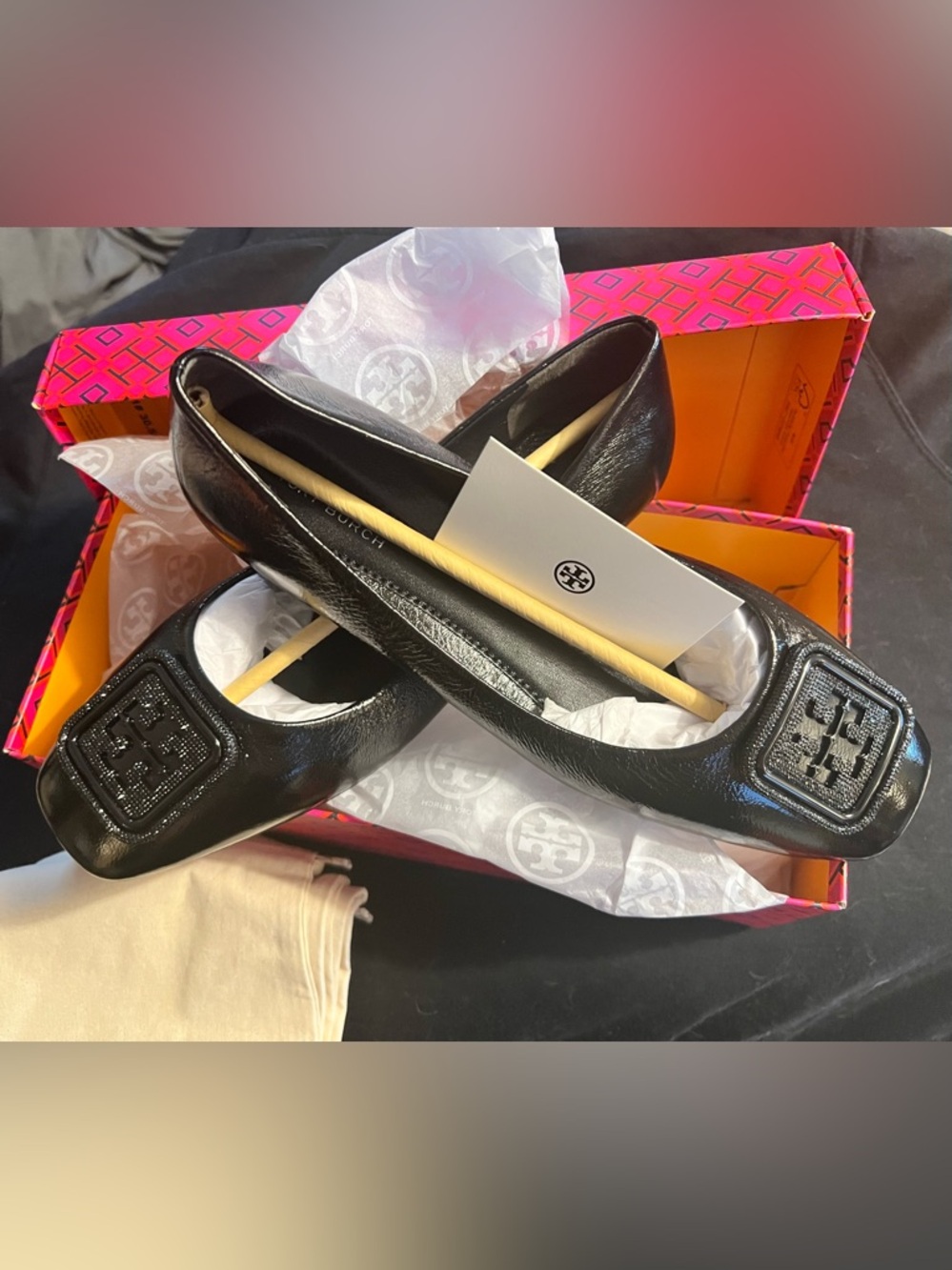 Tory Burch Georgia Pave Ballet Black Nappa Leather Flats with Logo Plaque size 9
